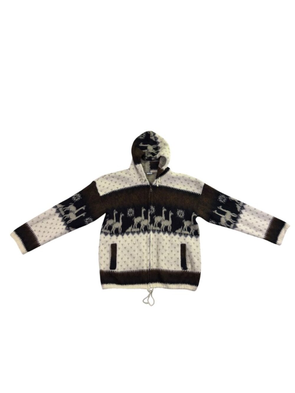 Yari Artesanias Unisex Brown & White Wool Alpaca Pattern Full-Zip Sweater Hoodie - Picture 2 of 10